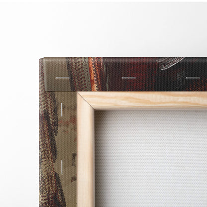 A rustic wooden frame with a canvas print of golden empress portrait art featuring warm gold tones and textured patterns