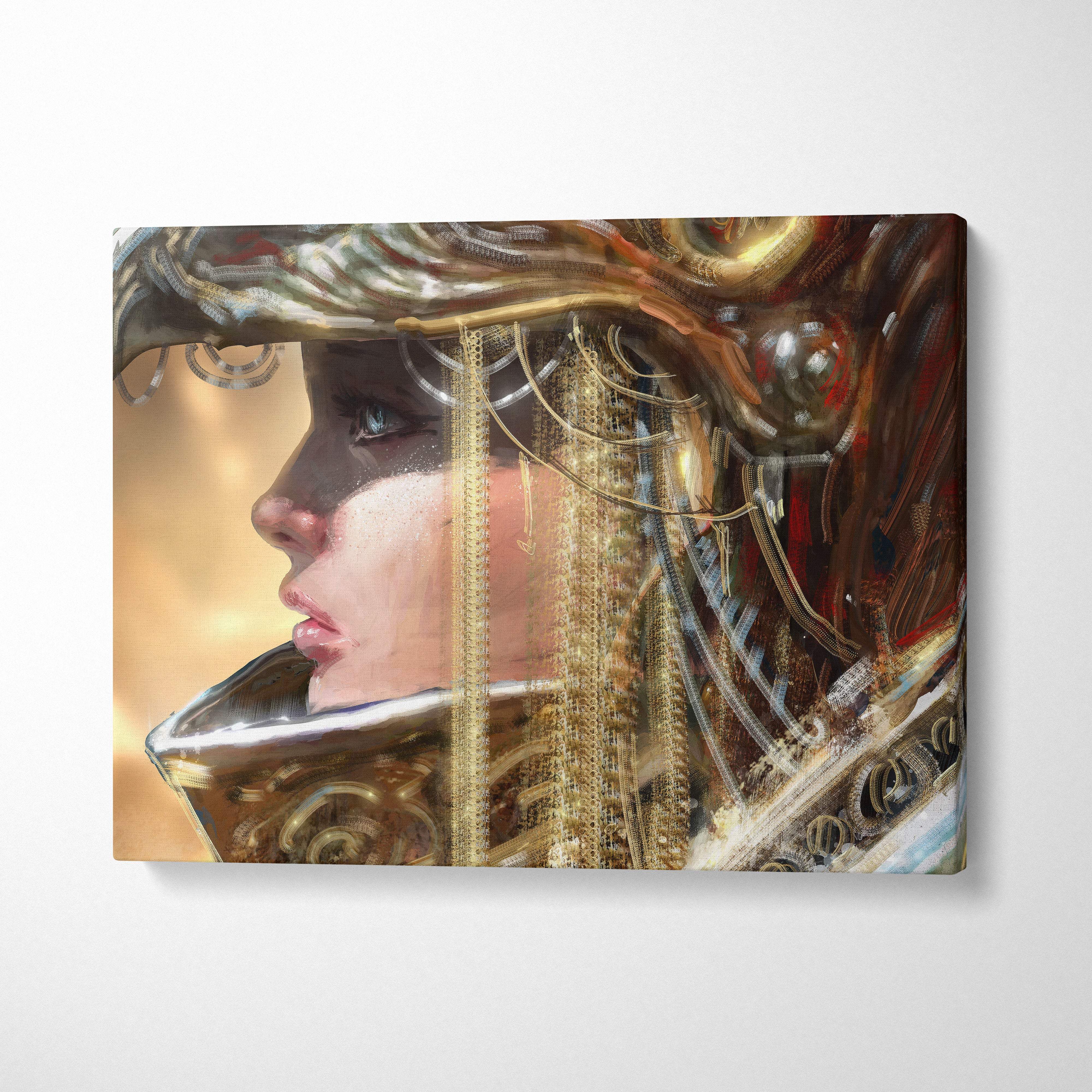 A canvas print of a woman in ornate metallic gold and silver armor with an intricate headdress and warm gold tones