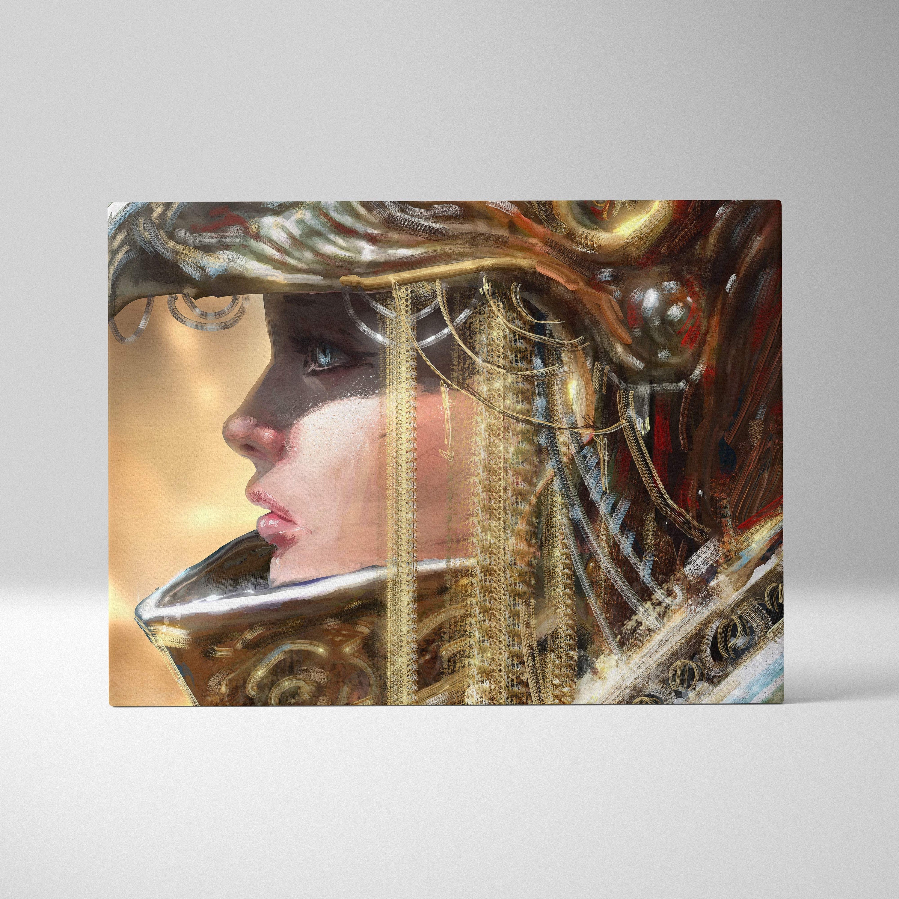 A rectangular canvas print of a golden empress portrait featuring ornate metallic armor and intricate warm gold designs