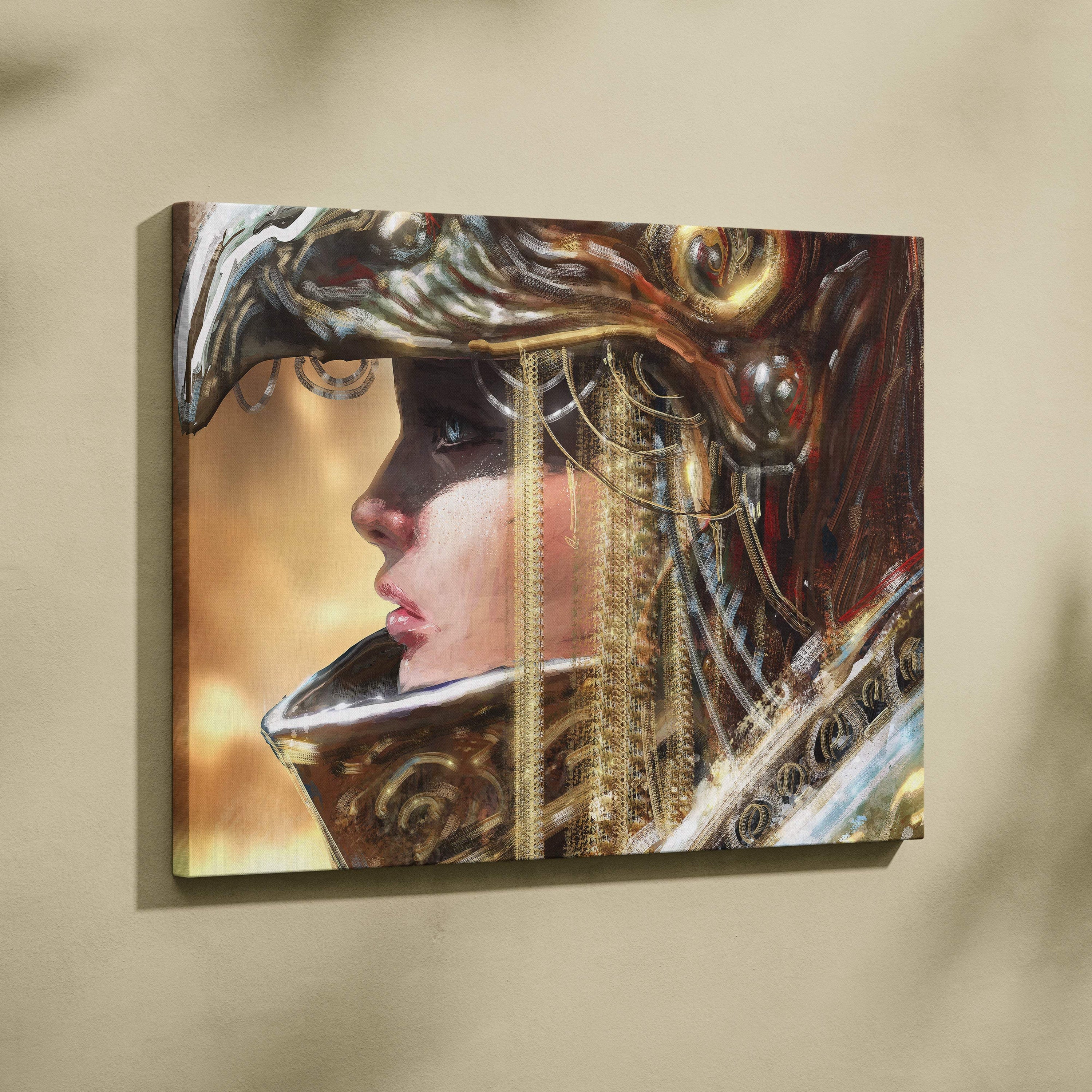 A canvas print of a golden empress portrait featuring ornate metallic gold and silver armor with a feminine profile