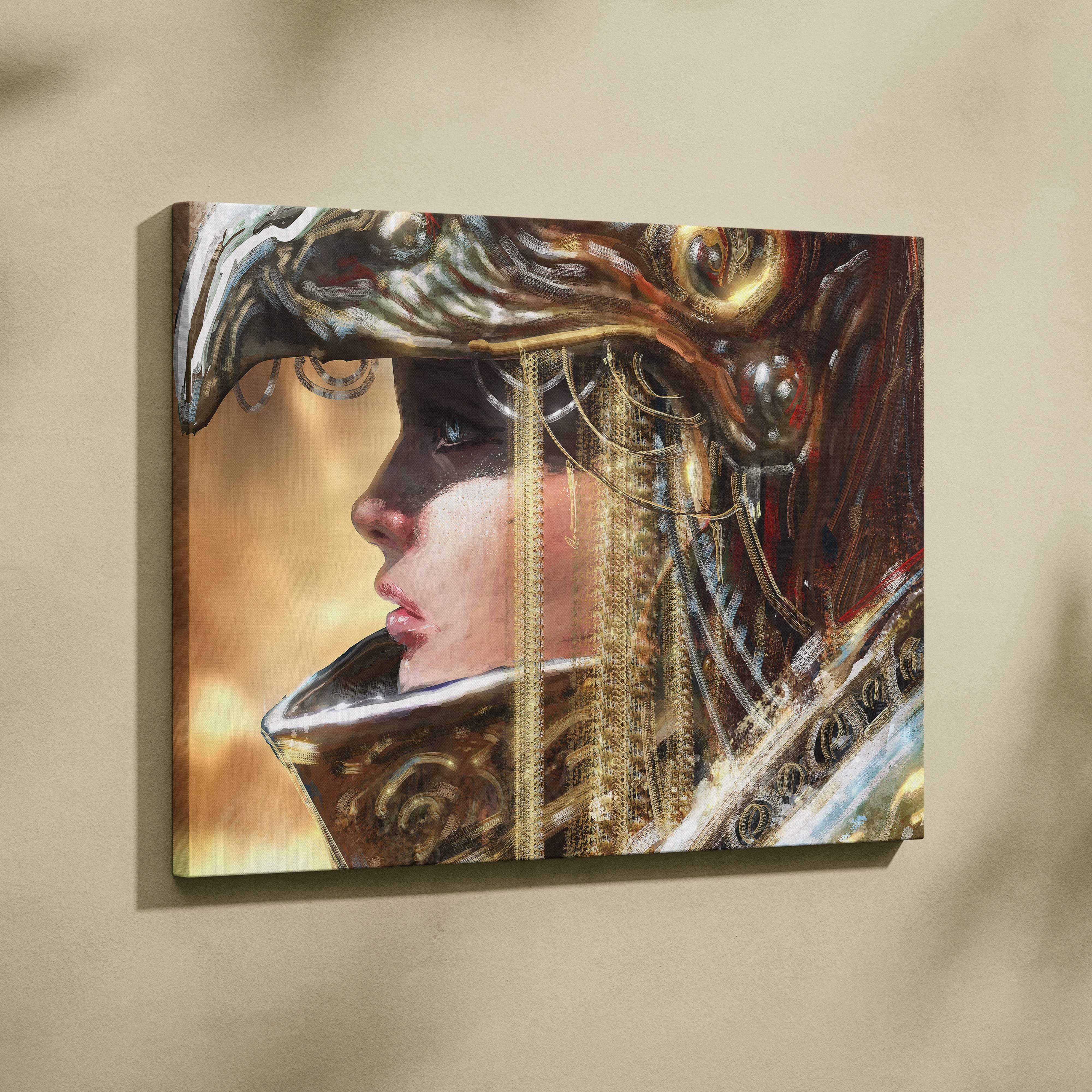 A canvas print of a golden empress portrait featuring ornate metallic gold and silver armor with a feminine profile