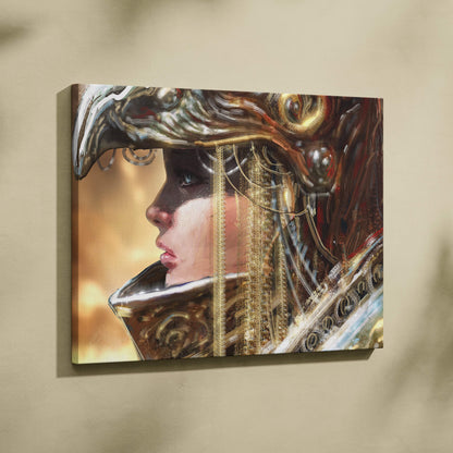 A canvas print of a golden empress portrait featuring ornate metallic gold and silver armor with a feminine profile