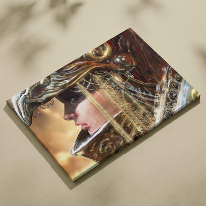 Rectangular canvas print of a woman in ornate gold and silver armor with a metallic headdress in warm gold tones