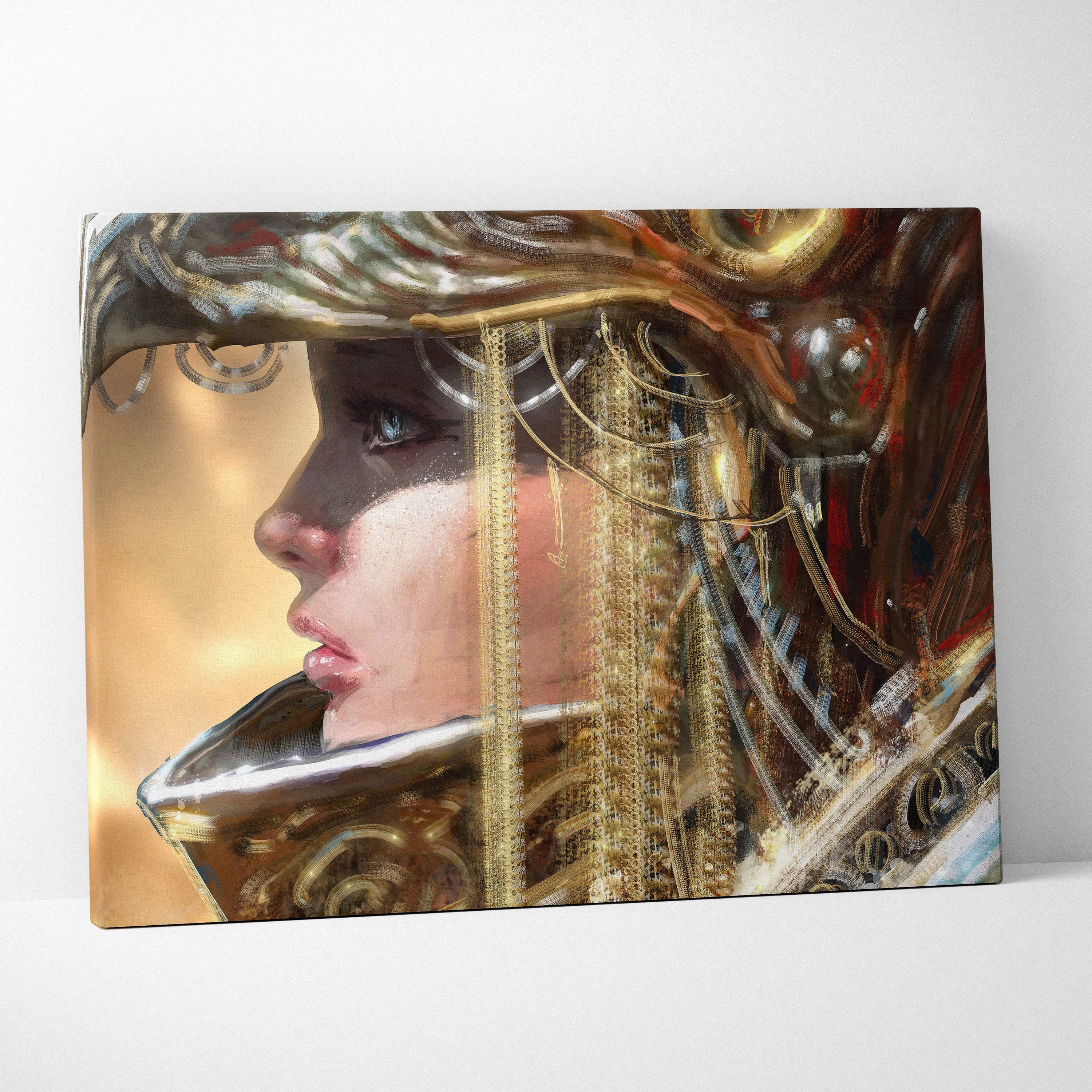 A canvas print of a golden empress portrait with ornate metallic headdress in warm gold tones and elegant feminine profile