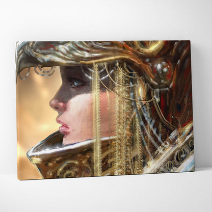 A canvas print of a golden empress portrait with ornate metallic headdress in warm gold tones and elegant feminine profile