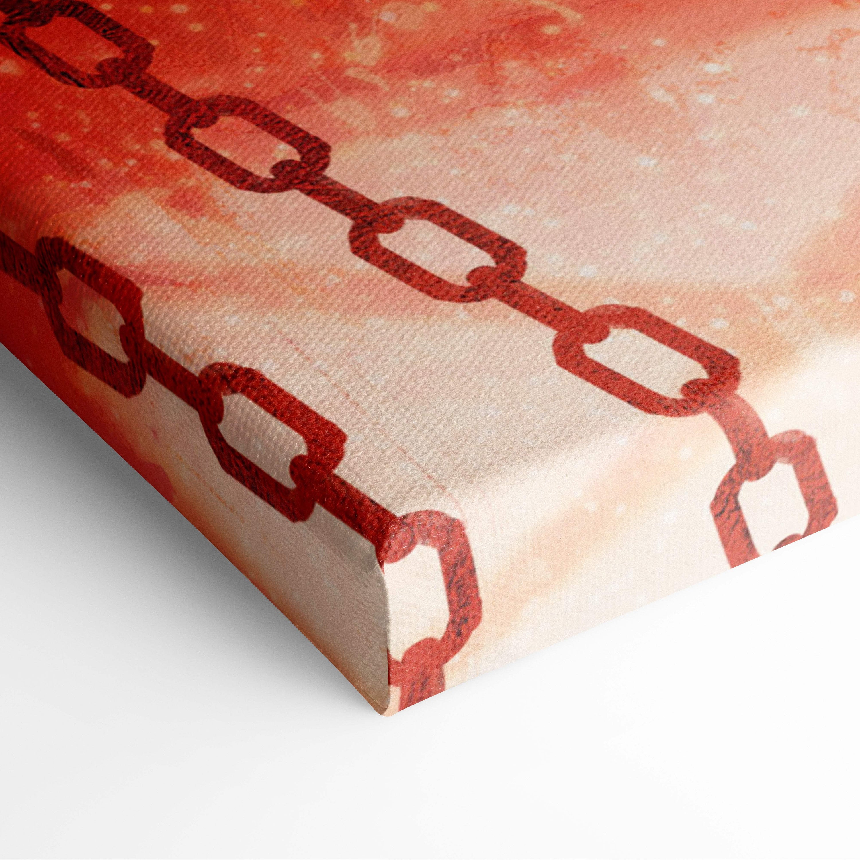 Dark surreal shadow figure canvas art with bold red chain pattern on textured orange and cream gradient background