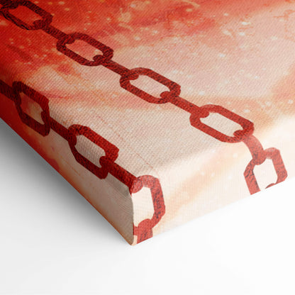 Dark surreal shadow figure canvas art with bold red chain pattern on textured orange and cream gradient background