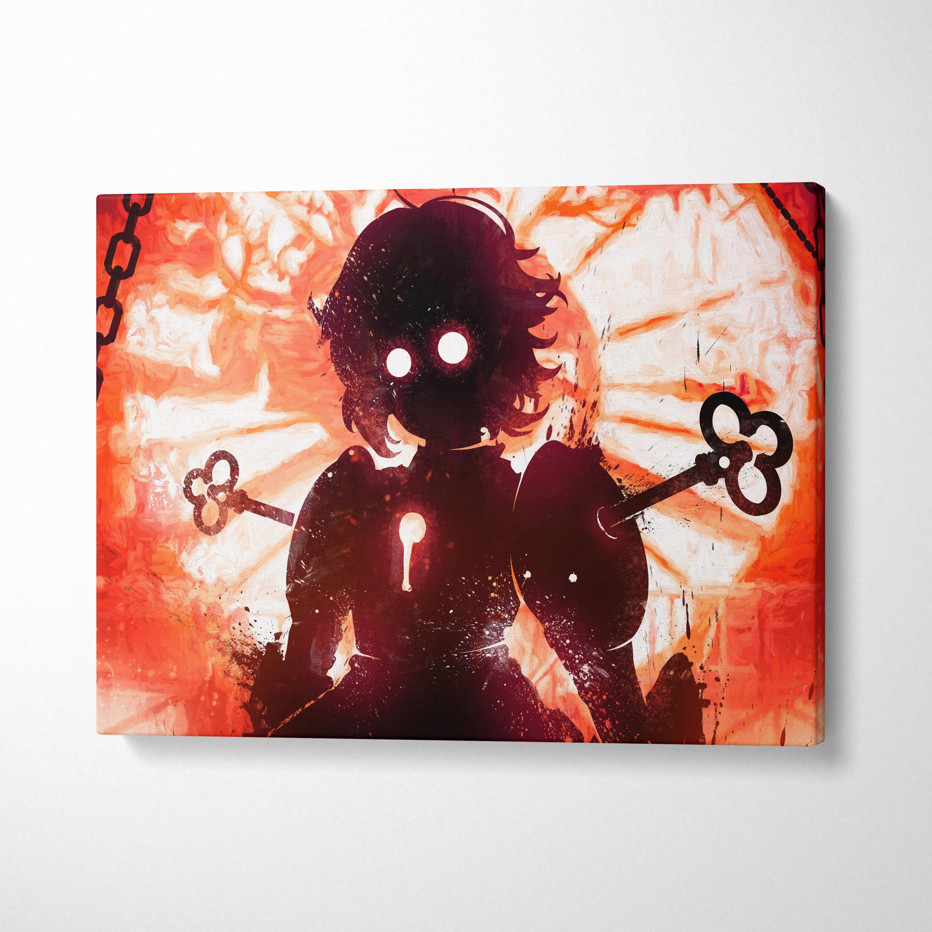 A black silhouette canvas print of a figure holding ornate keys on an orange and white textured background