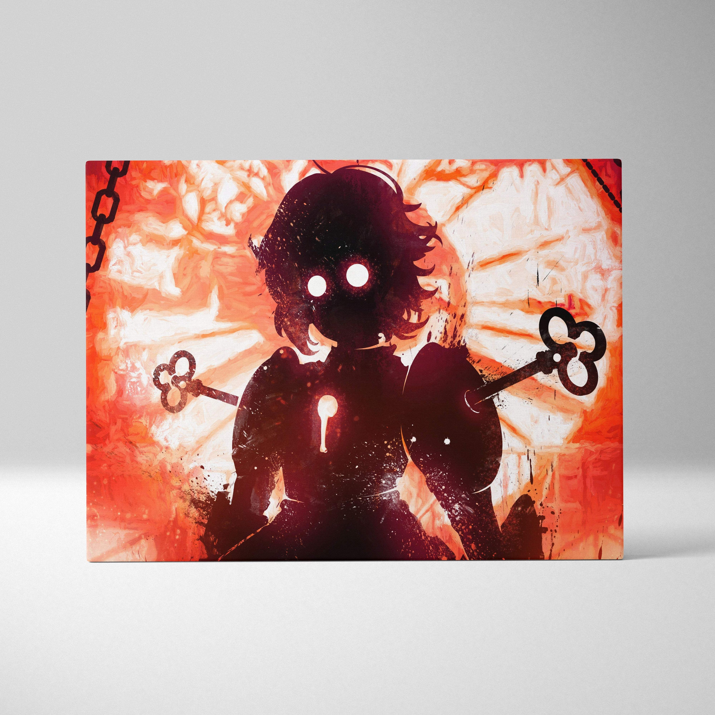 A rectangular canvas print of a dark surreal anime silhouette with glowing eyes holding keys on a fiery red background