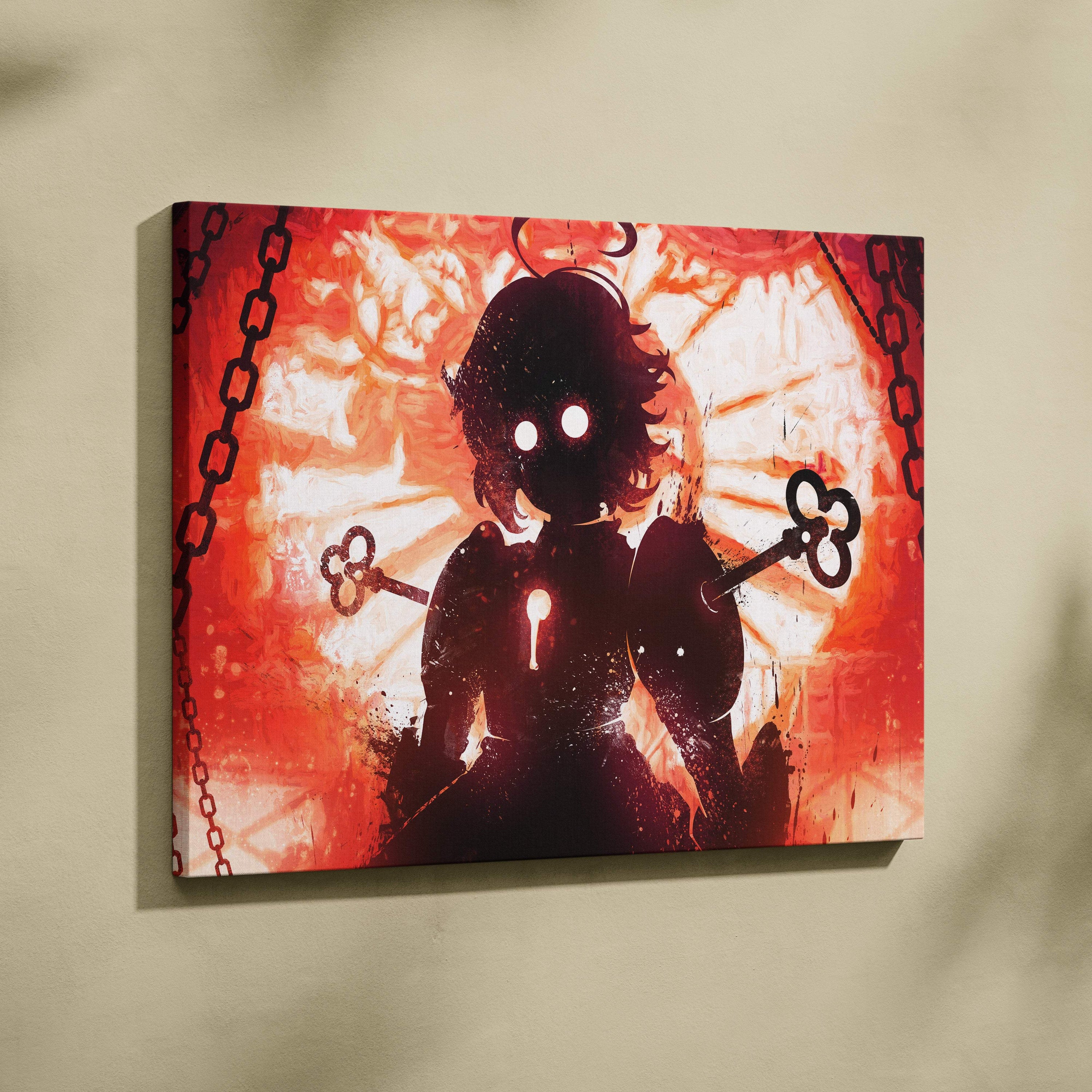Dark surreal shadow figure canvas art of an anime silhouette with glowing eyes holding ornate keys on fiery red background