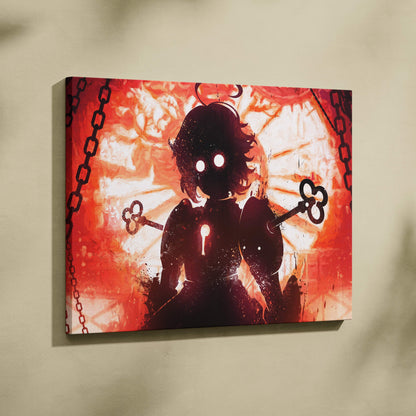 Dark surreal shadow figure canvas art of an anime silhouette with glowing eyes holding ornate keys on fiery red background