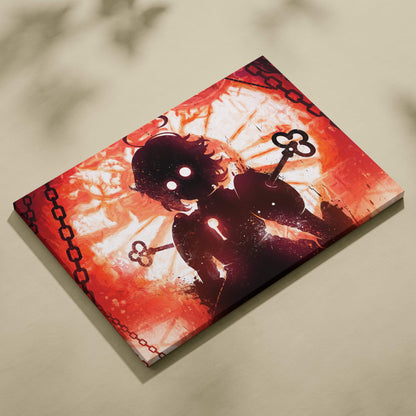 A rectangular canvas print of a stylized anime silhouette with glowing eyes holding keys on a fiery red background with chains