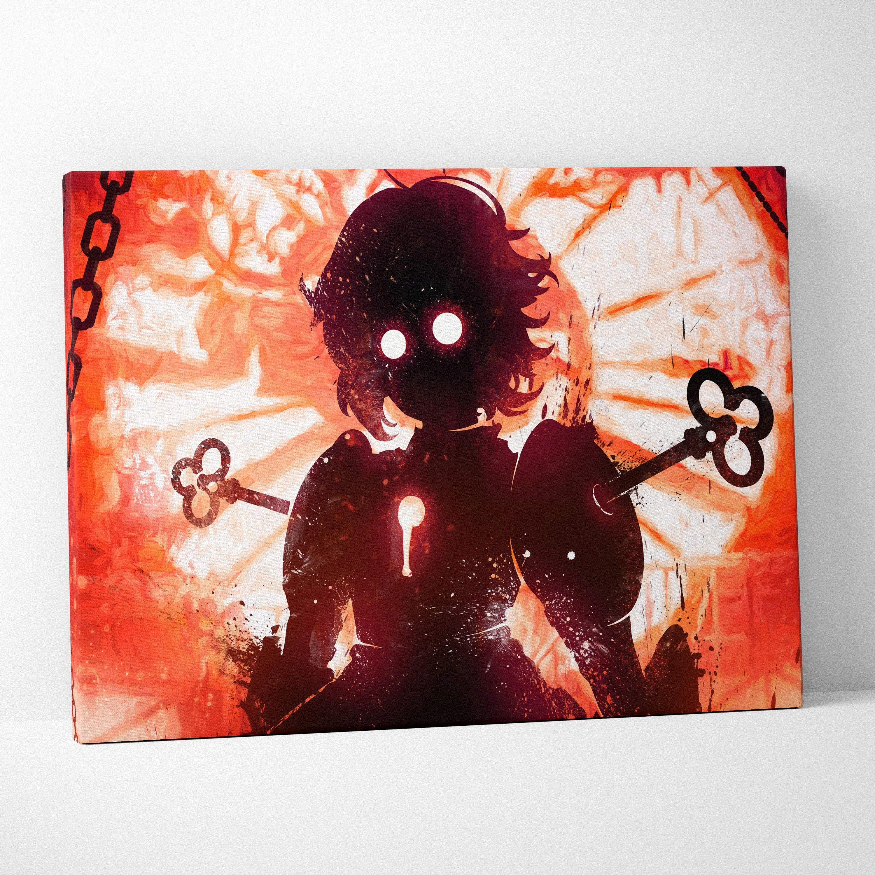 A canvas print of a black anime silhouette with glowing eyes holding keys on a fiery red and orange background