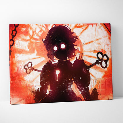 A canvas print of a black anime silhouette with glowing eyes holding keys on a fiery red and orange background