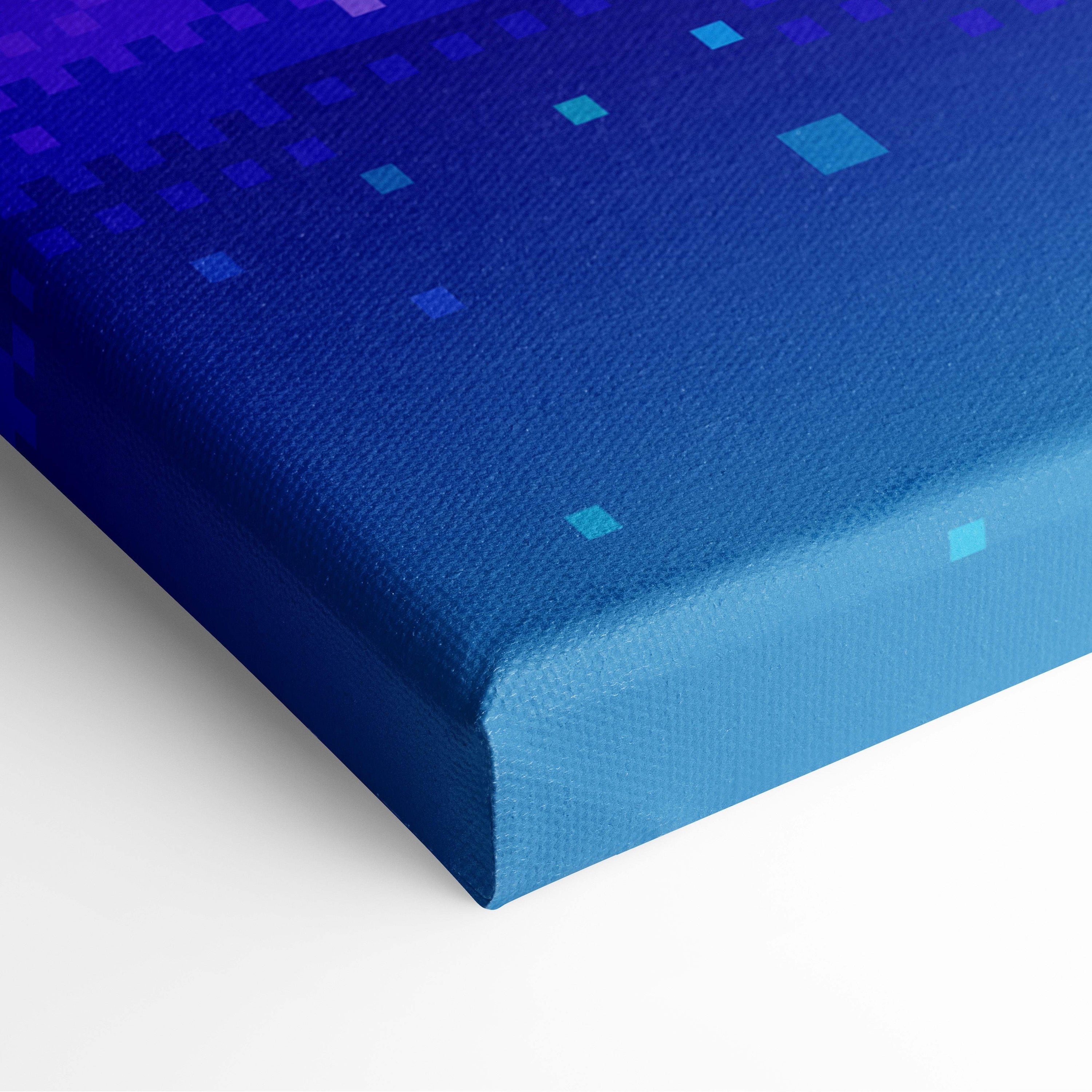 Blue pixelated canvas print with gradient from deep to light blue featuring small squares galaxy planet pixel art decor