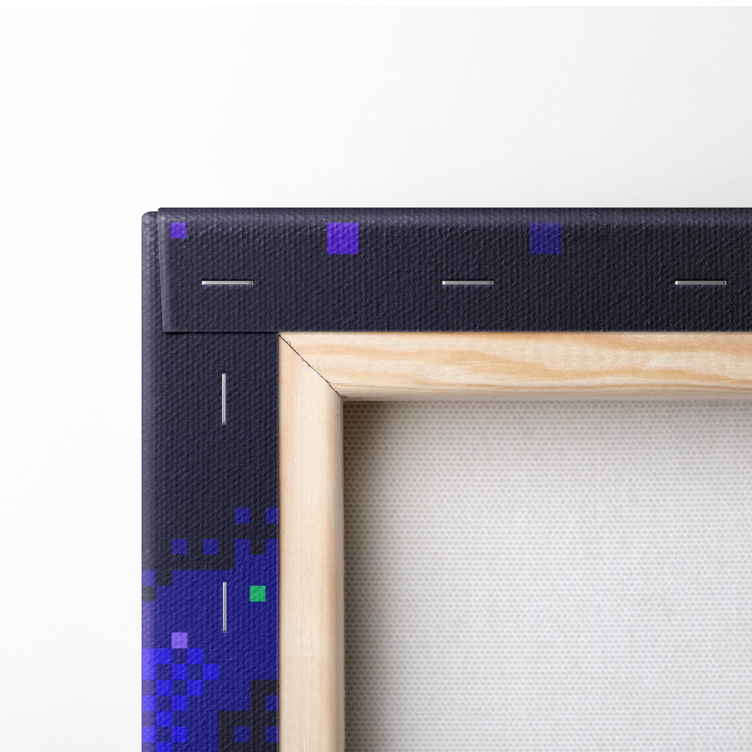 A minimalist wooden frame with a black canvas border showcasing pixelated purple and green squares galaxy planet pixel art