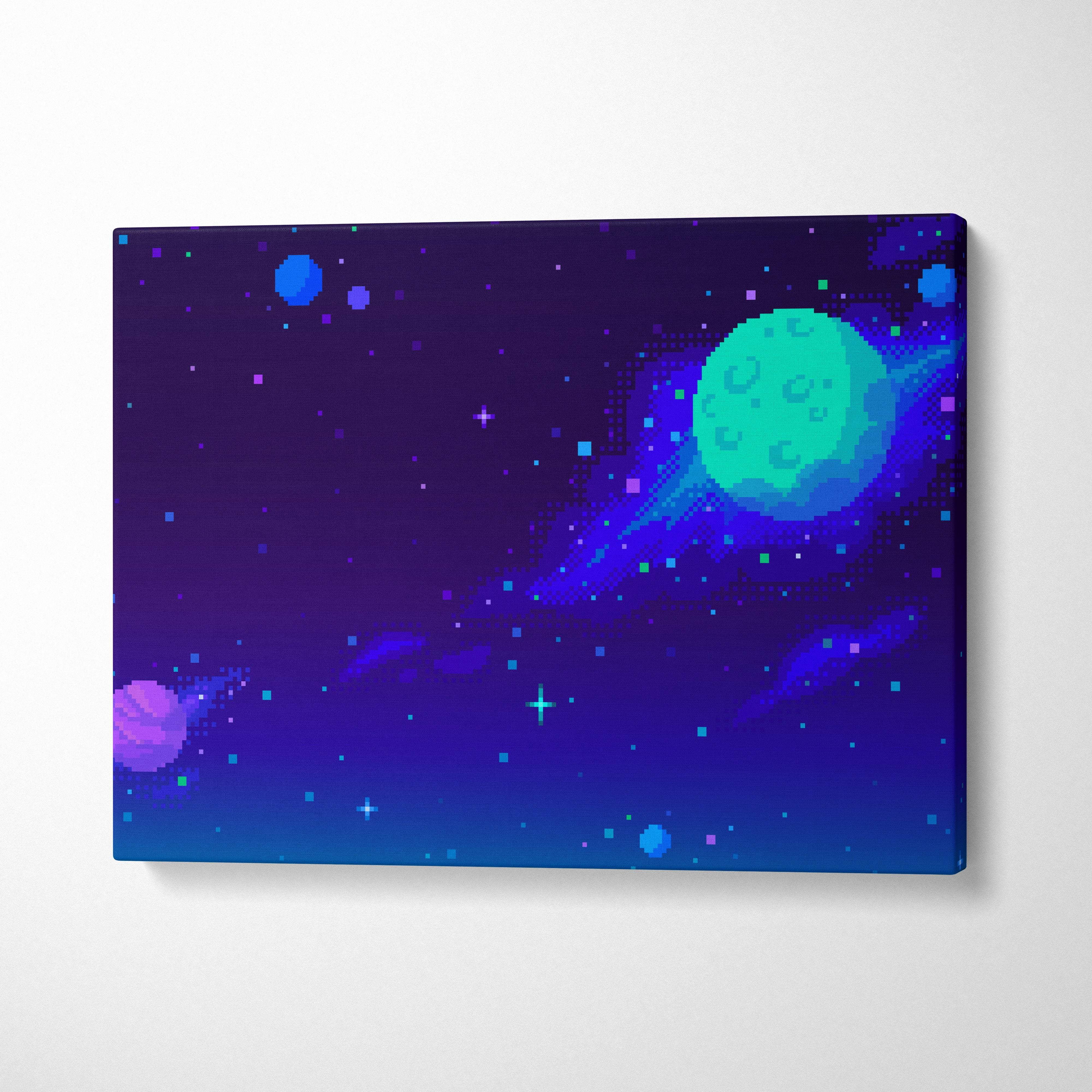 A vibrant pixel art canvas print of a teal planet with rings against a deep purple and blue starry space background