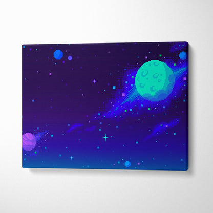 A vibrant pixel art canvas print of a teal planet with rings against a deep purple and blue starry space background