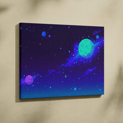 Galaxy planet pixel art canvas print with teal planet rings glowing stars and purple nebulae on blue space background