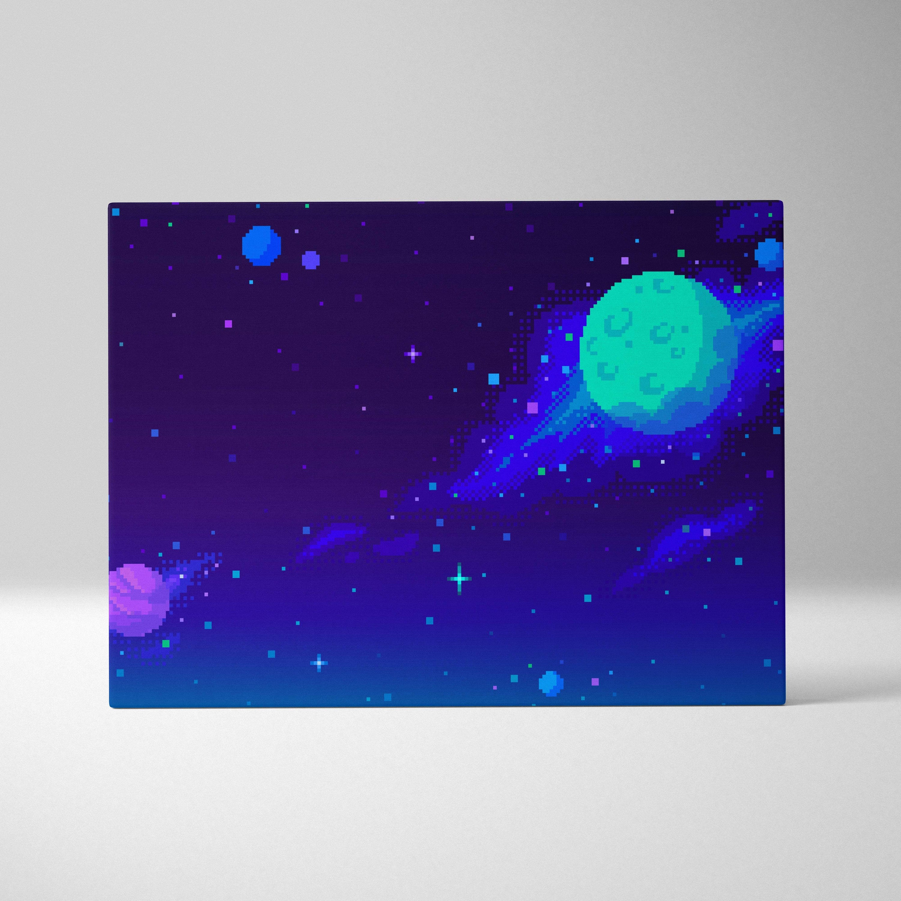 A rectangular canvas print of blue and purple pixel art featuring glowing planets stars and nebulae in a cosmic scene