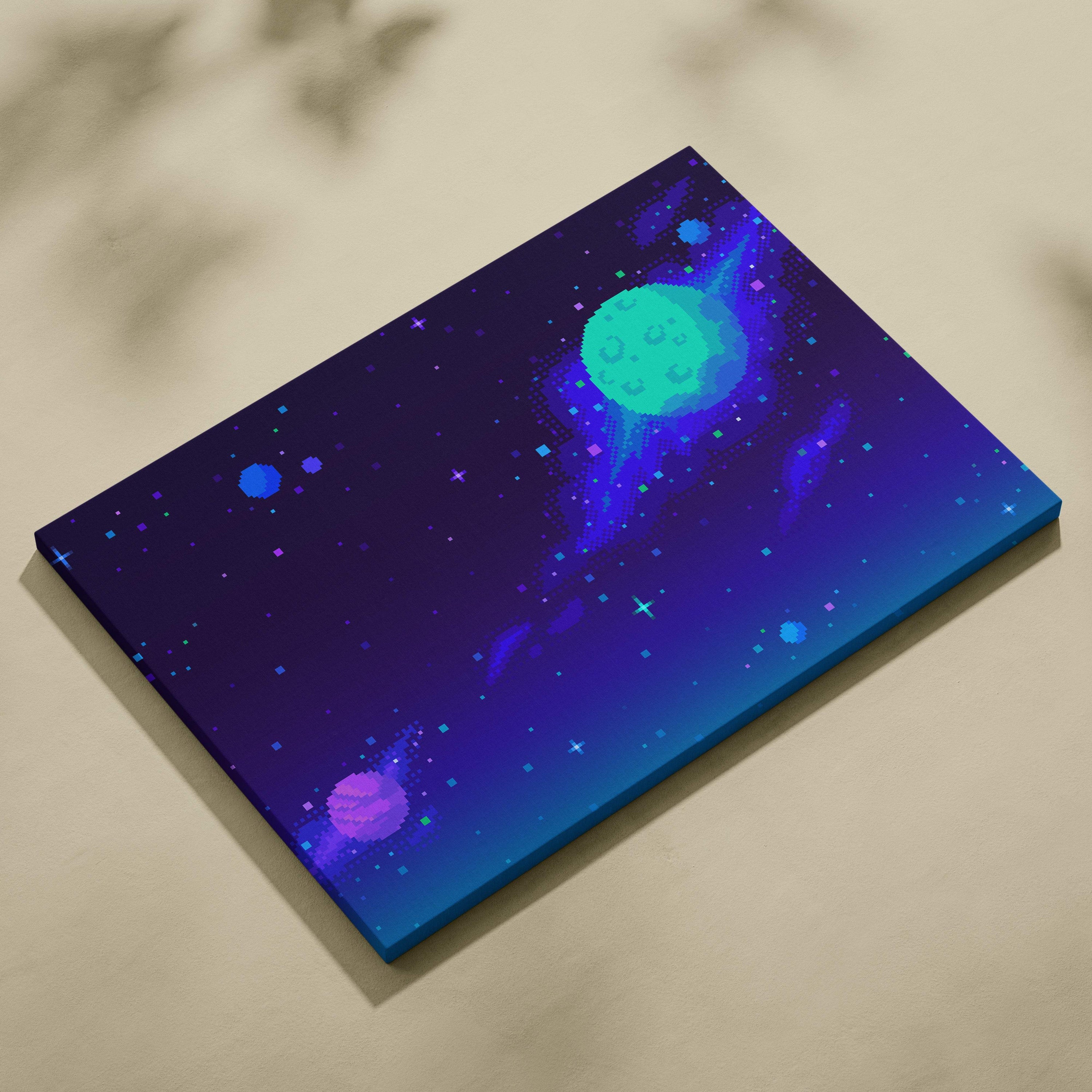 A rectangular canvas print of vibrant pixel art galaxy with glowing teal and purple planets on deep blue starry background