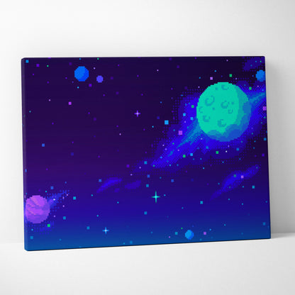 Galaxy planet pixel art canvas print featuring a teal ringed planet with glowing stars and purple nebulae on blue background