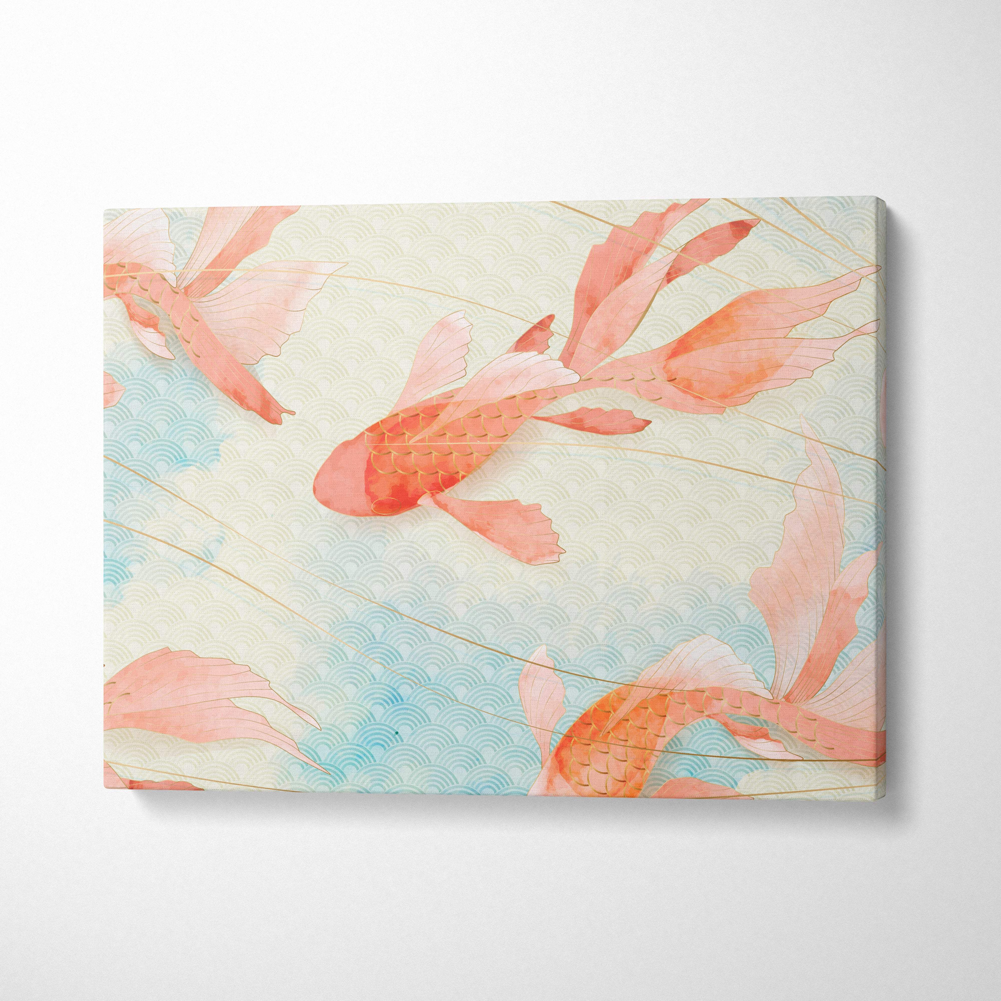 Soft koi fish pattern canvas wall art with orange and pink koi over blue waves on off-white background for peaceful decor