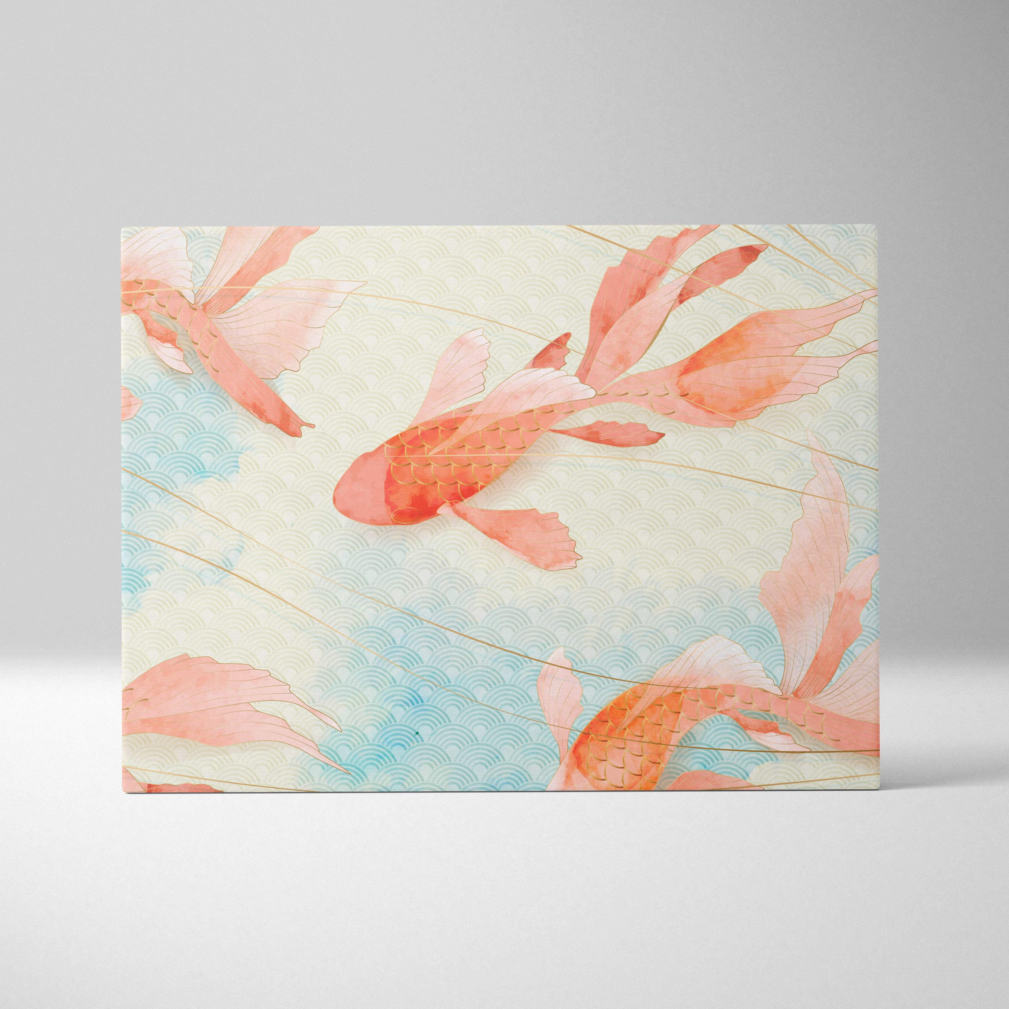 Soft koi fish pattern canvas wall art with orange and pink watercolor koi and blue waves on cream background for home decor