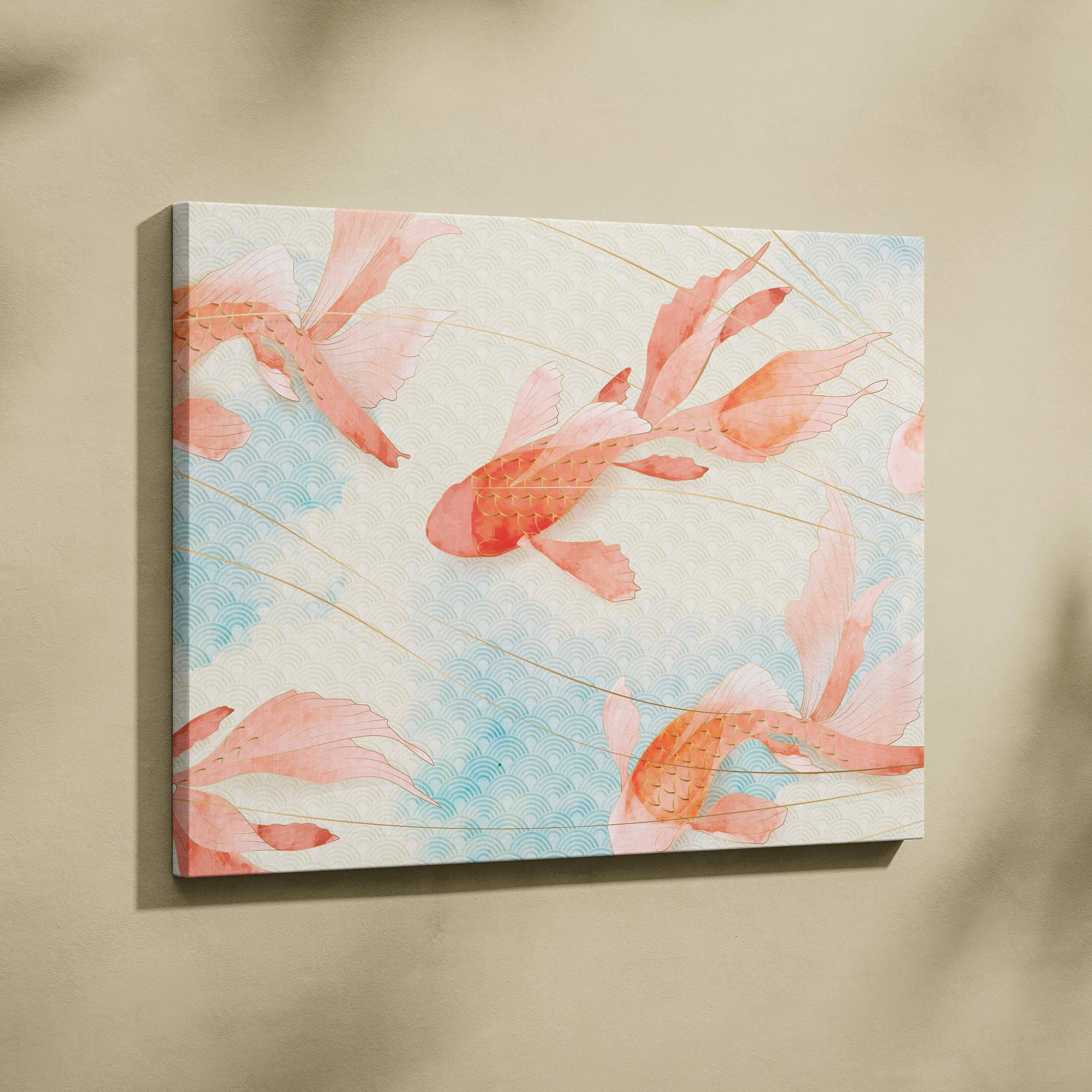 Soft koi fish square canvas wall art with pink and orange watercolor goldfish on blue waves and golden lines