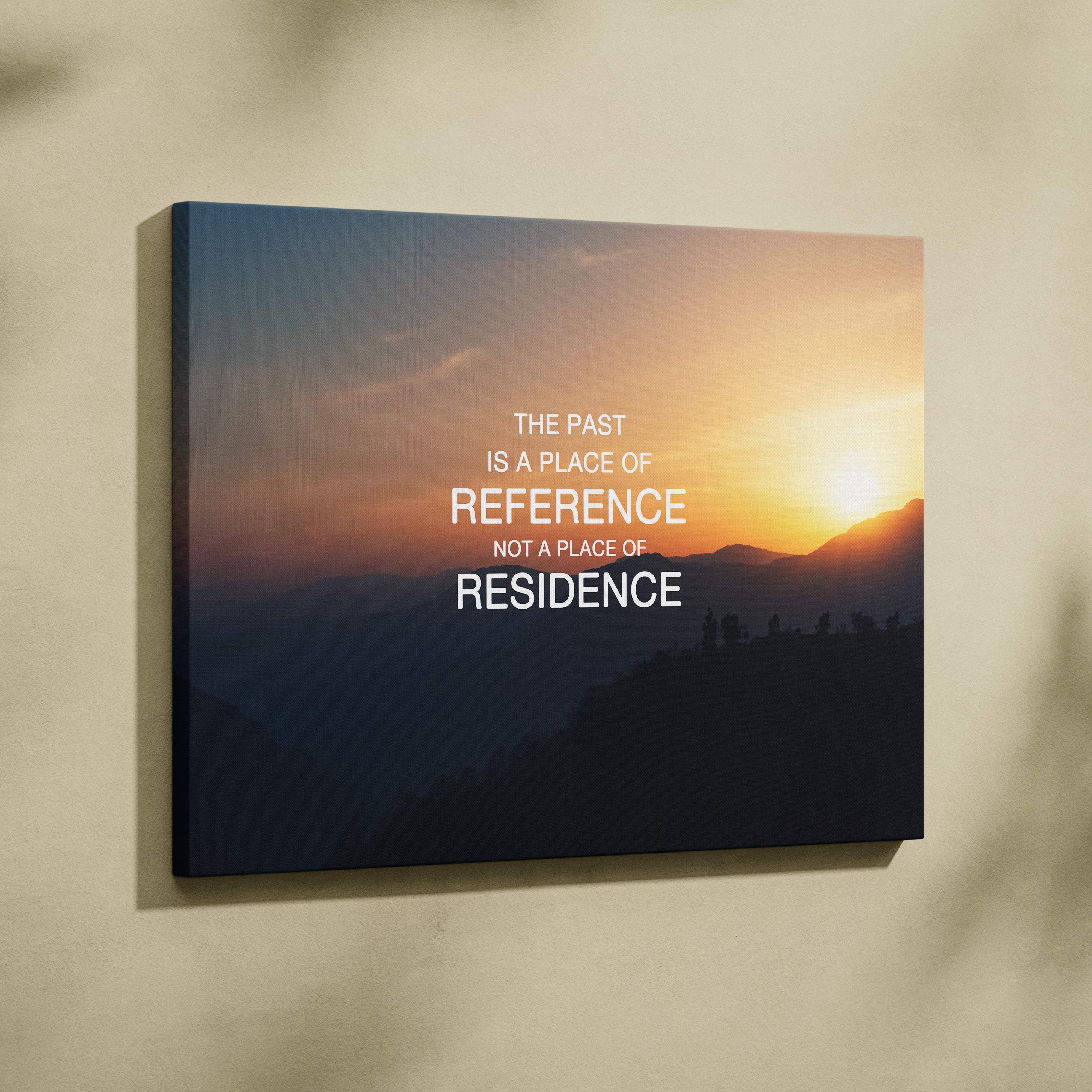 Canvas print showing a sunset over mountains with white motivational text for home or office decor wall art