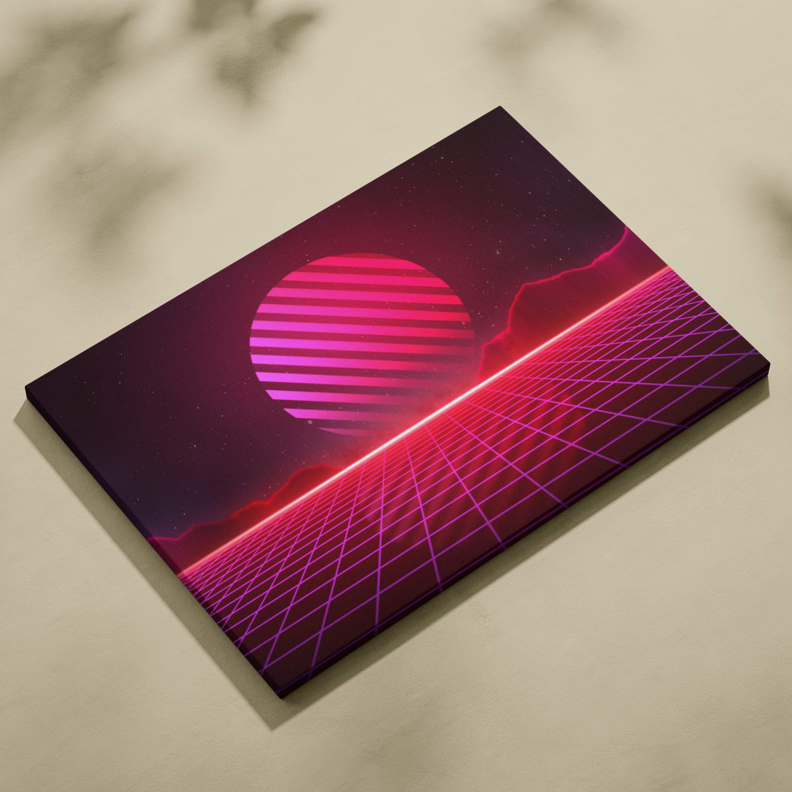 Retrowave pink neon grid canvas art print featuring a glowing striped sun over a synthwave mountain horizon