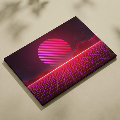 Retrowave pink neon grid canvas art print featuring a glowing striped sun over a synthwave mountain horizon