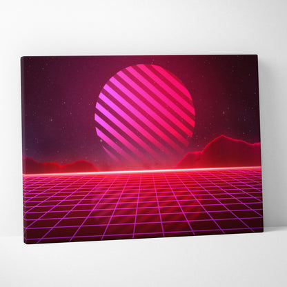 Retrowave pink neon grid canvas art print featuring a glowing pink and magenta striped sphere with a starry night glow