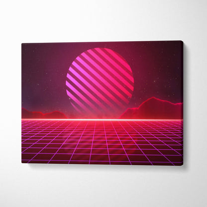 Vibrant pink and magenta retrowave canvas art print featuring a striped sun over a glowing neon grid landscape