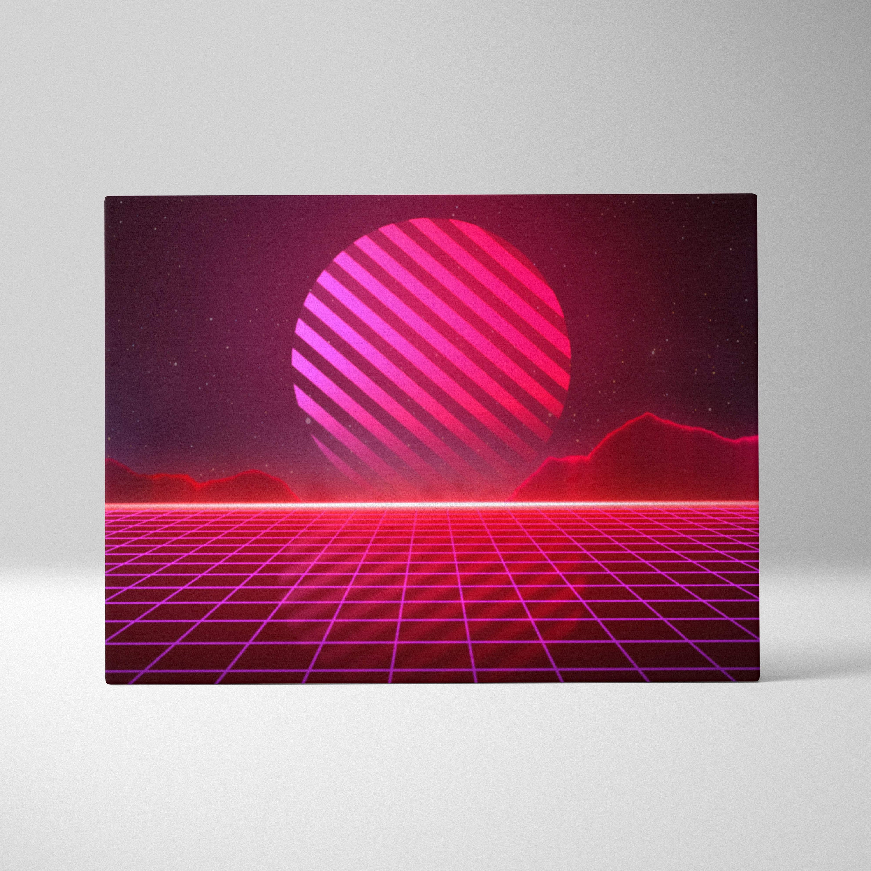 Rectangular canvas art print featuring a vibrant pink neon retrowave striped sun with a glowing sphere and starry night sky