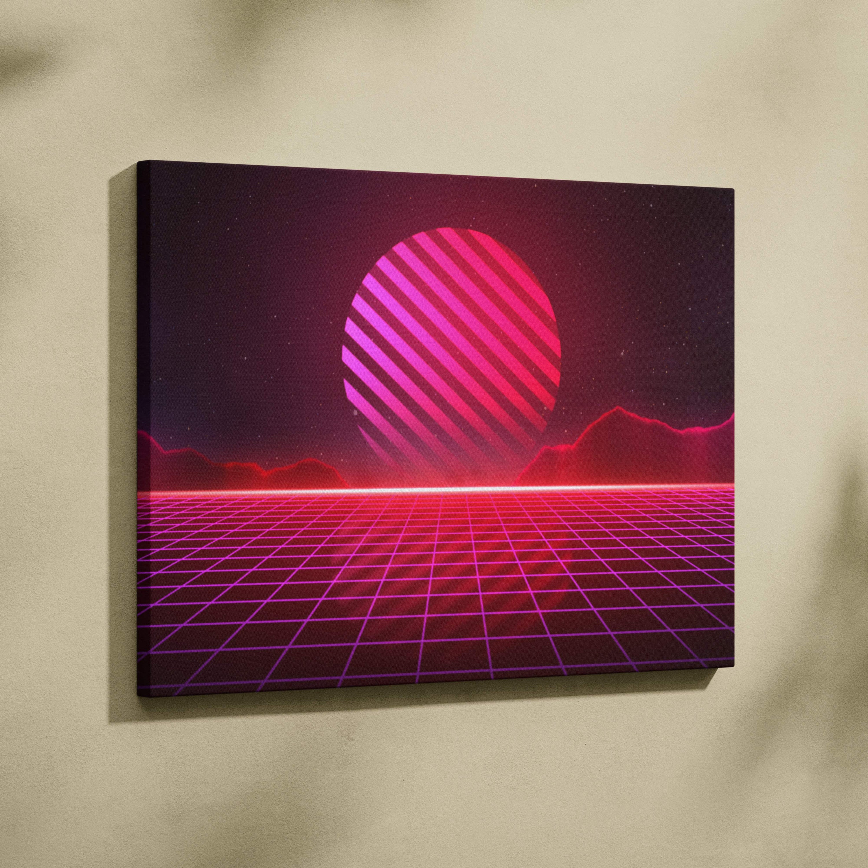 Retrowave pink neon grid canvas art print featuring a glowing striped sphere and radiant synthwave mountain horizon