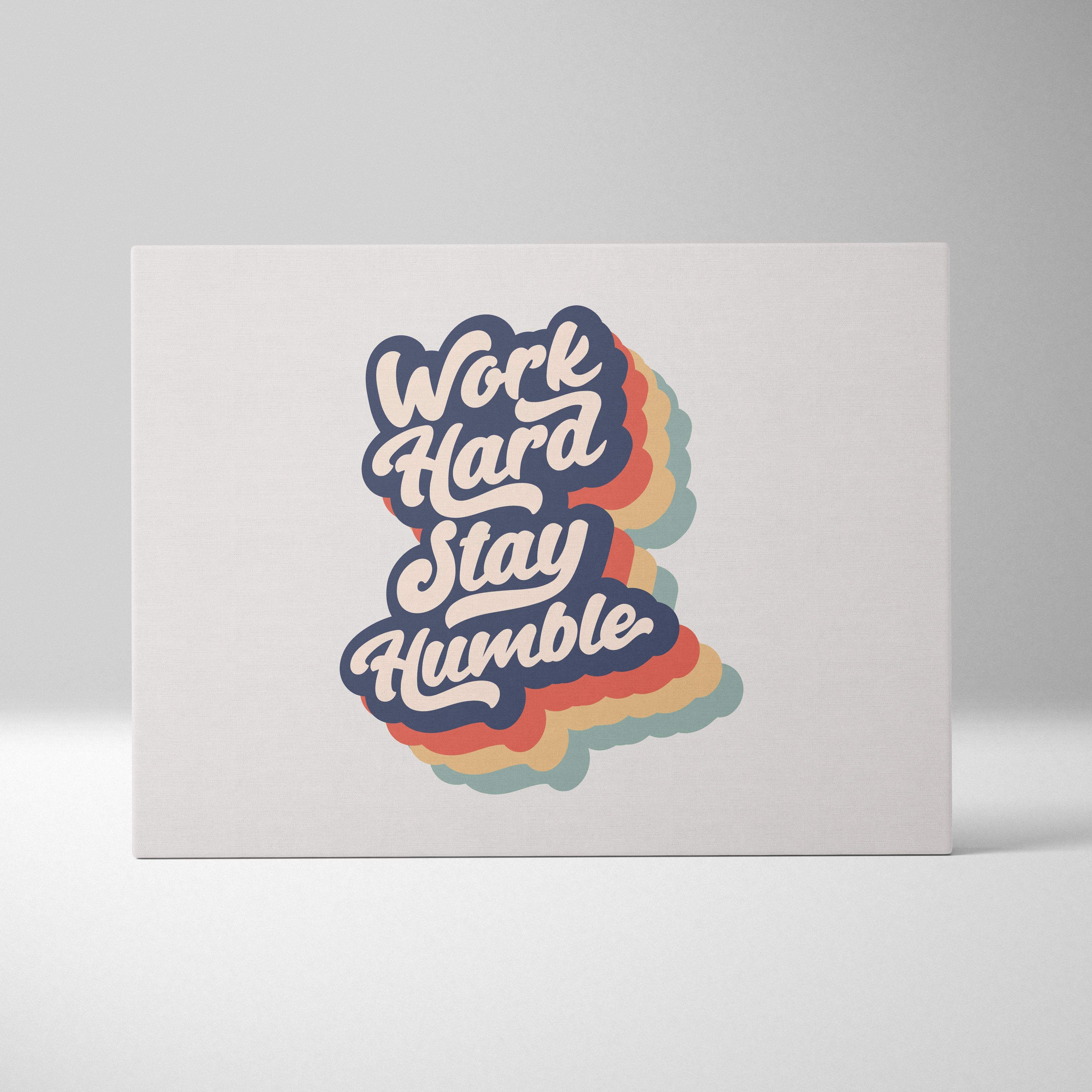 White canvas motivational wall art print with work hard stay humble retro rainbow script for office bedroom gym decor