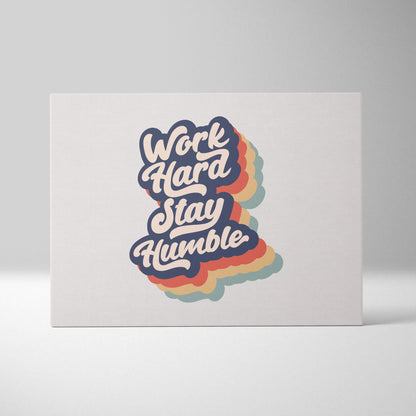 White canvas motivational wall art print with work hard stay humble retro rainbow script for office bedroom gym decor
