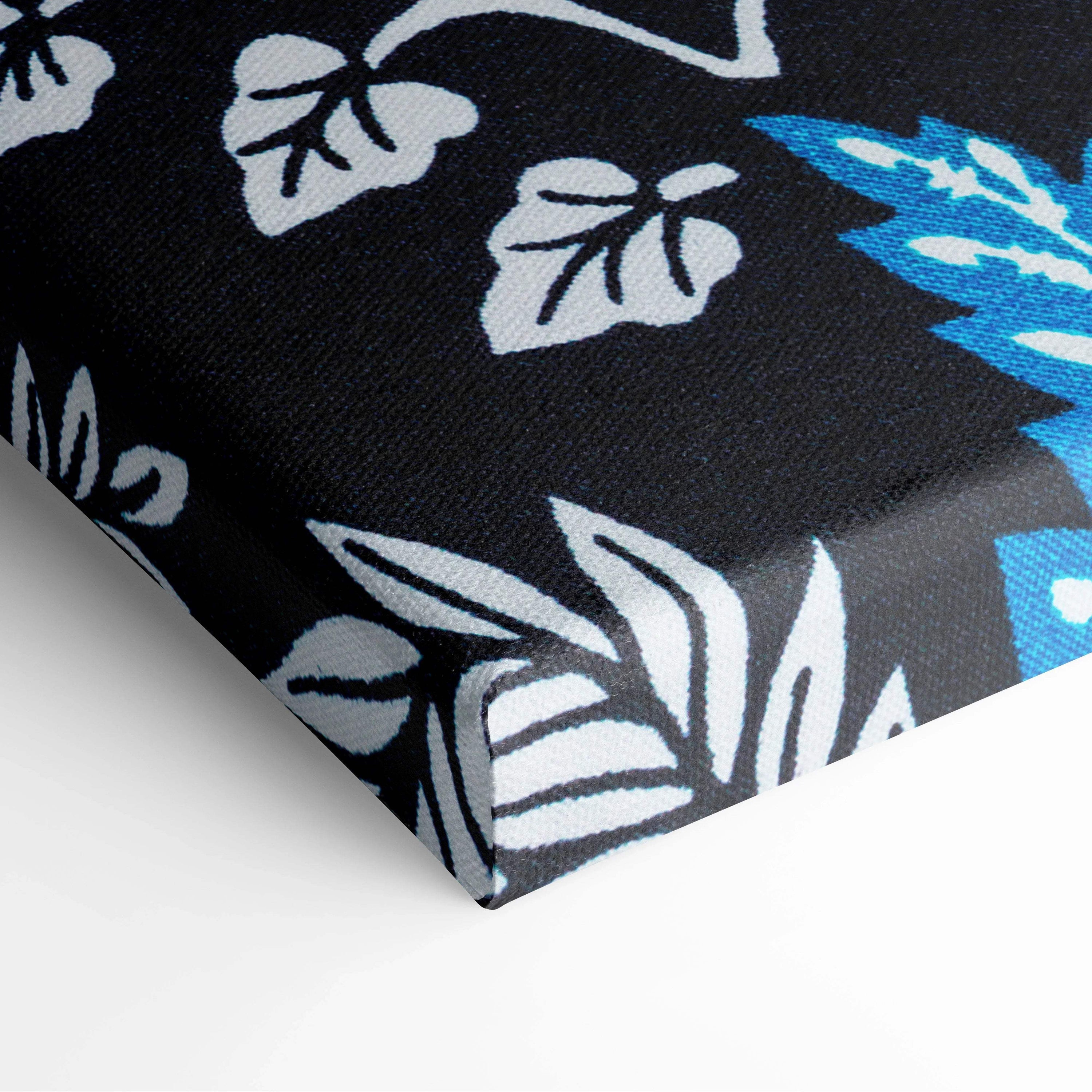 Elegant black canvas wall art with bold white and blue leaf pattern