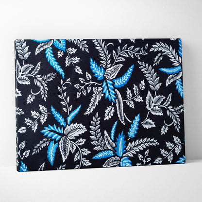 Elegant black canvas wall art with blue white botanical leaves