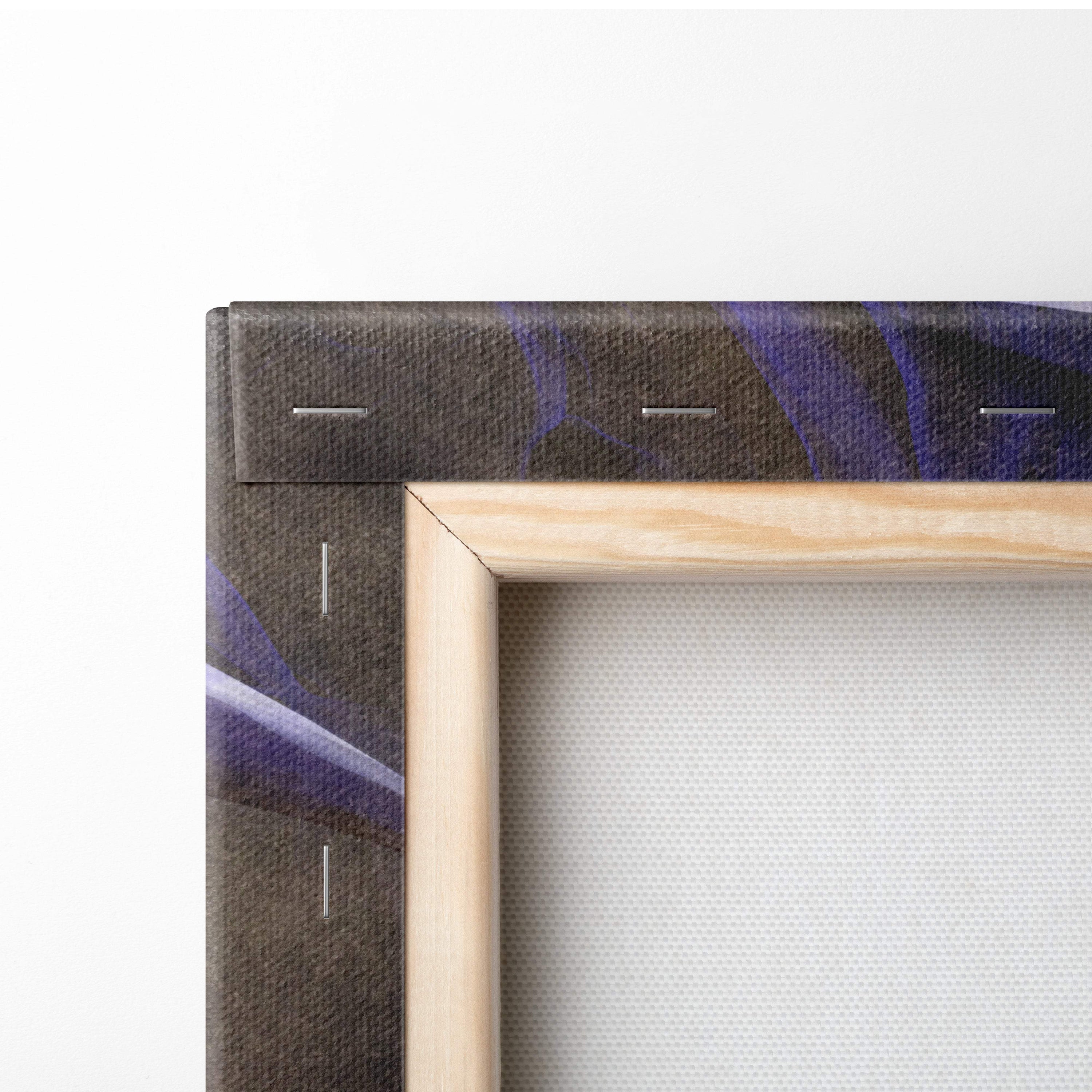 Light wood-framed canvas print featuring a textured dark purple and black abstract design for fantasy wall art