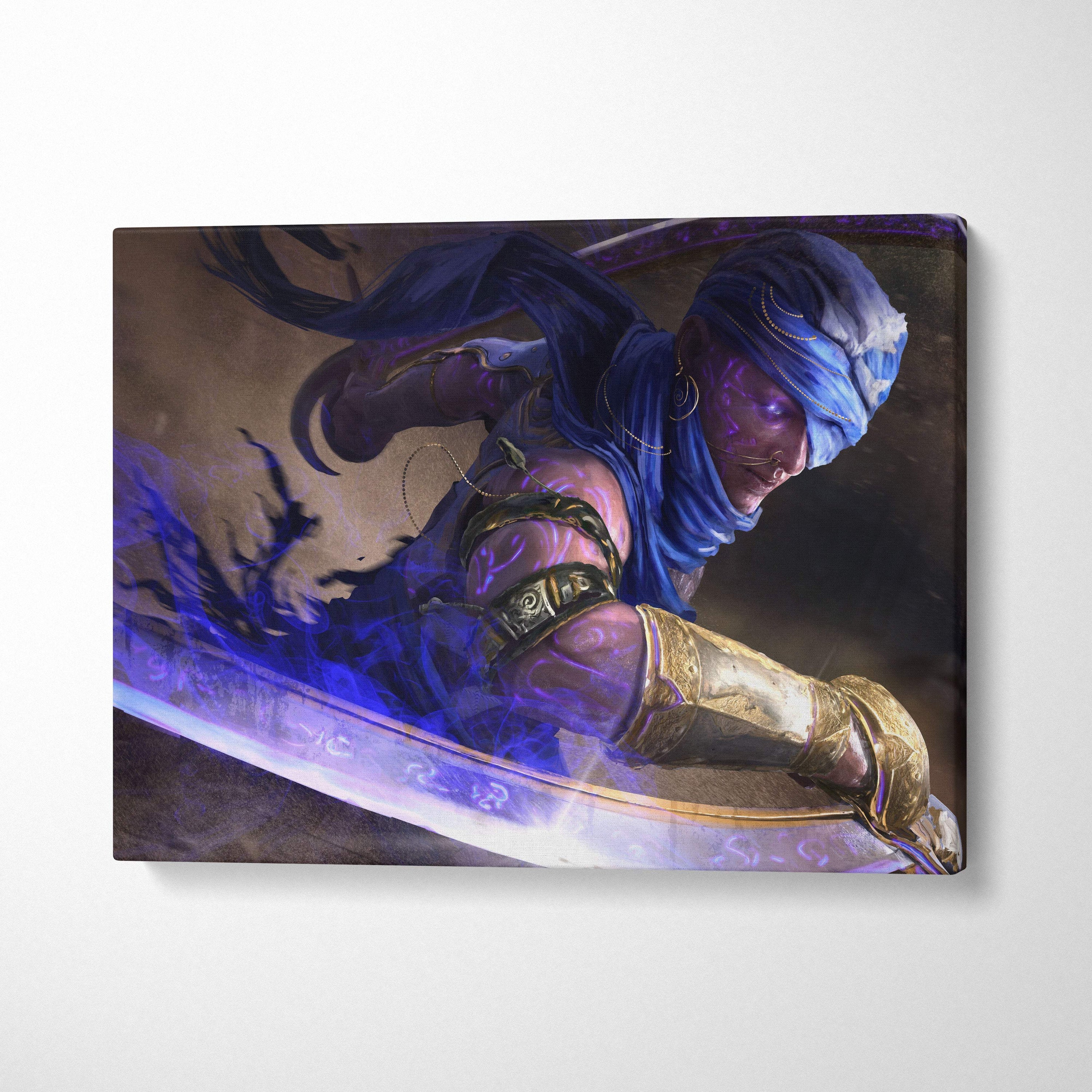 Blue and gold mystic desert warrior canvas art featuring fantasy assassin in flowing robes with glowing runes and curved blade