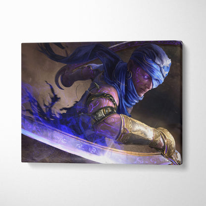 Blue and gold mystic desert warrior canvas art featuring fantasy assassin in flowing robes with glowing runes and curved blade