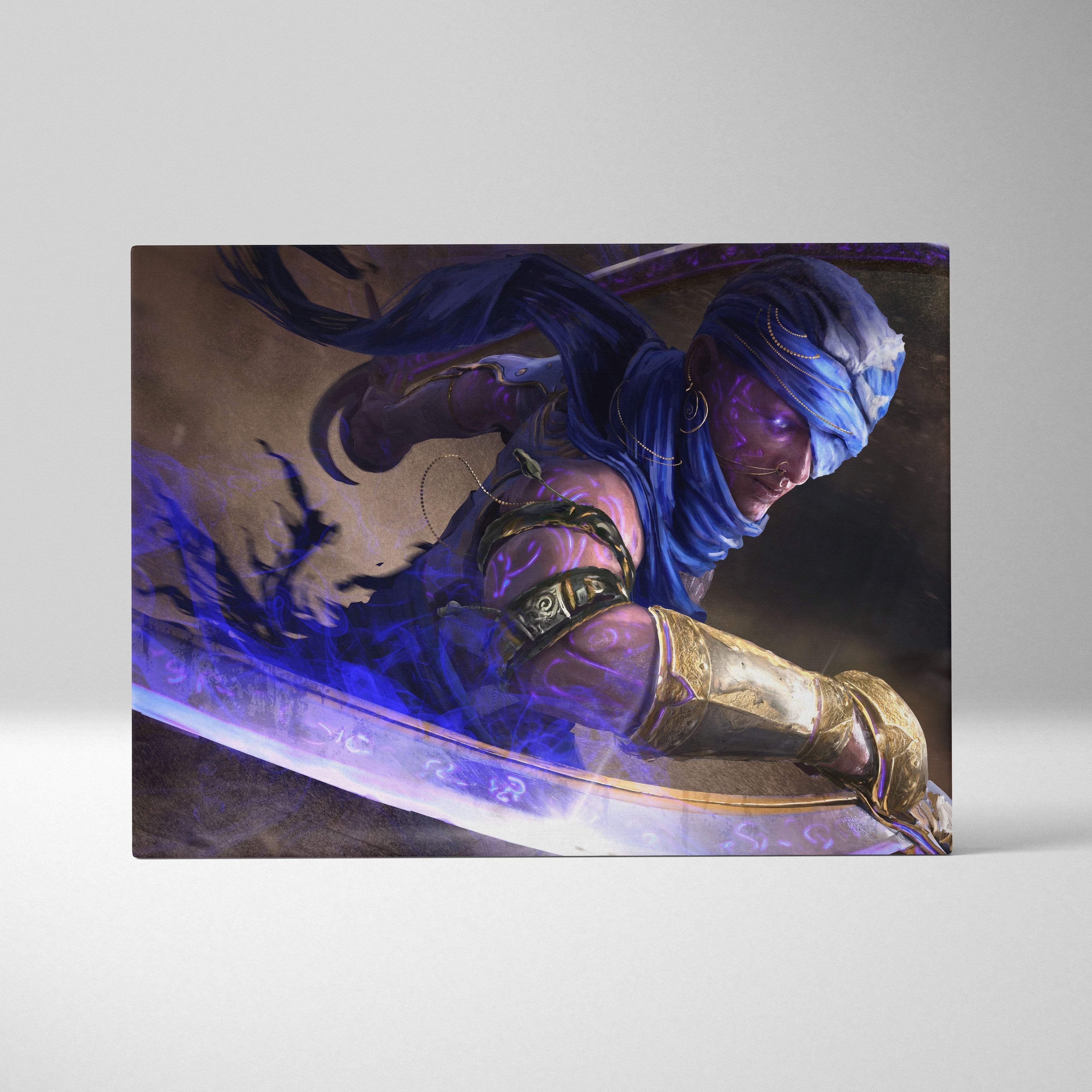 Mystic desert warrior canvas art showing a blue and gold armored fantasy assassin painting with glowing runes and curved blade action