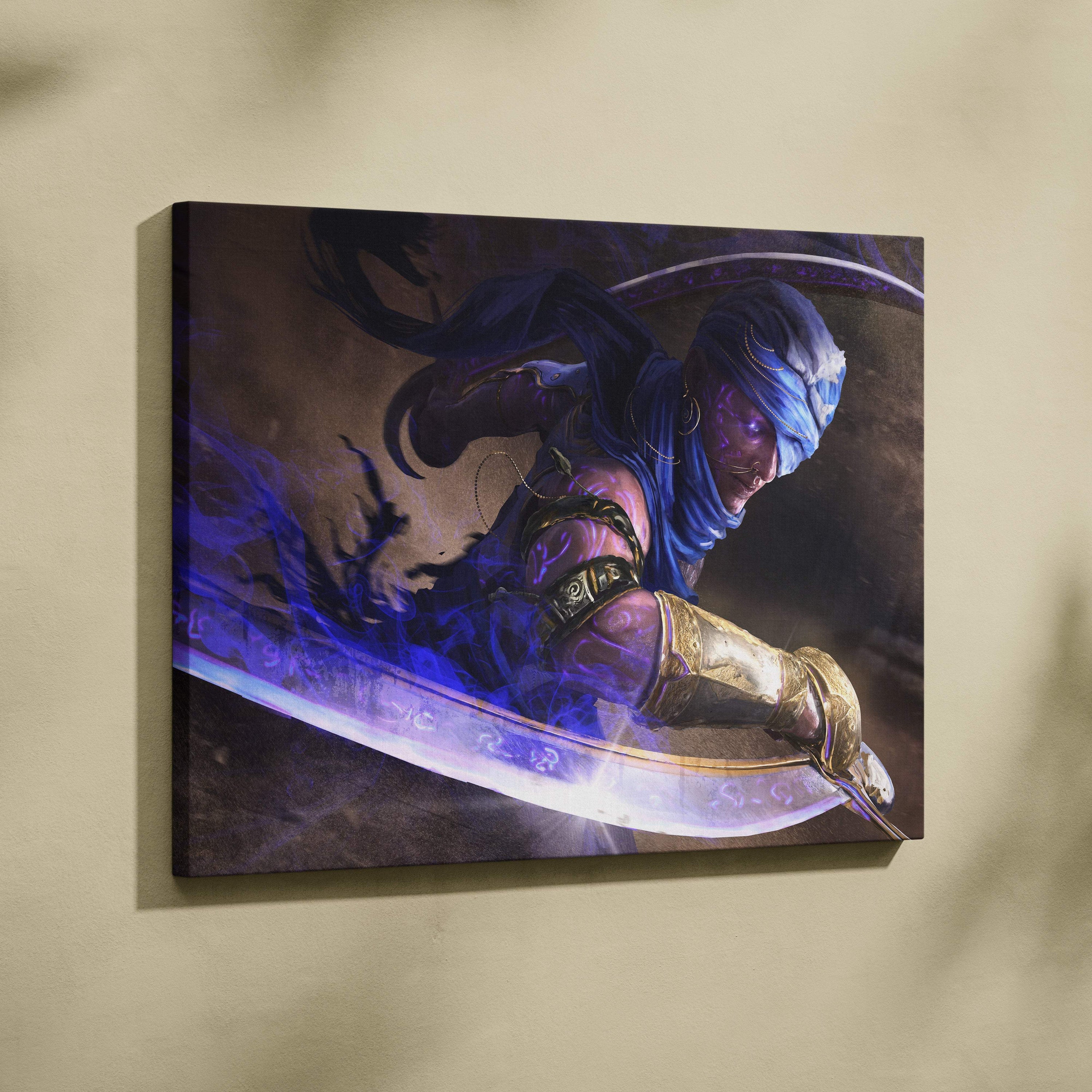 Mystic desert warrior canvas art featuring blue and gold fantasy assassin with glowing runes and energy effects in action pose