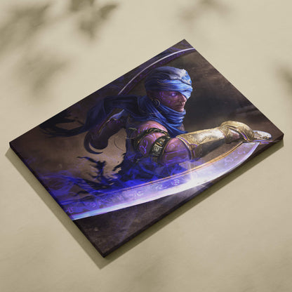 Rectangular canvas print of a blindfolded blue warrior with a glowing sword and purple highlights in a dark fantasy style