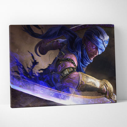 Mystic desert warrior canvas art featuring a blue and gold armored assassin with glowing runes and a flowing blue scarf