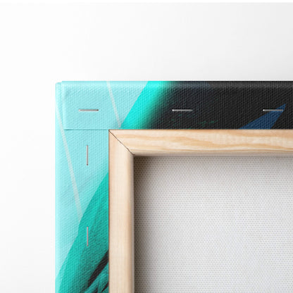 A minimalist wooden frame holds neon shadow samurai canvas art with bold teal and black abstract brushstrokes