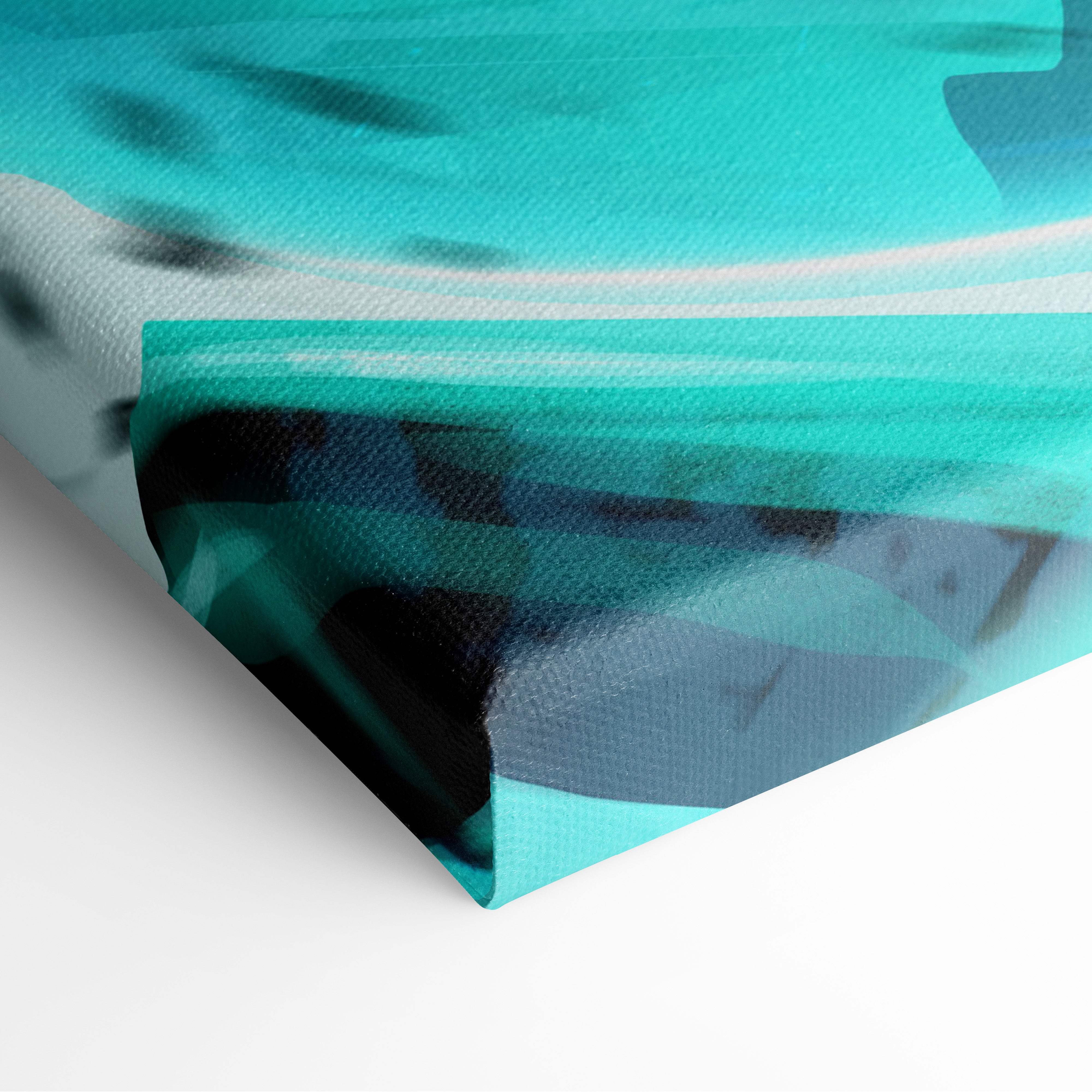 Neon shadow samurai canvas art with teal and black abstract textured fabric surface and glowing cyan energy accents