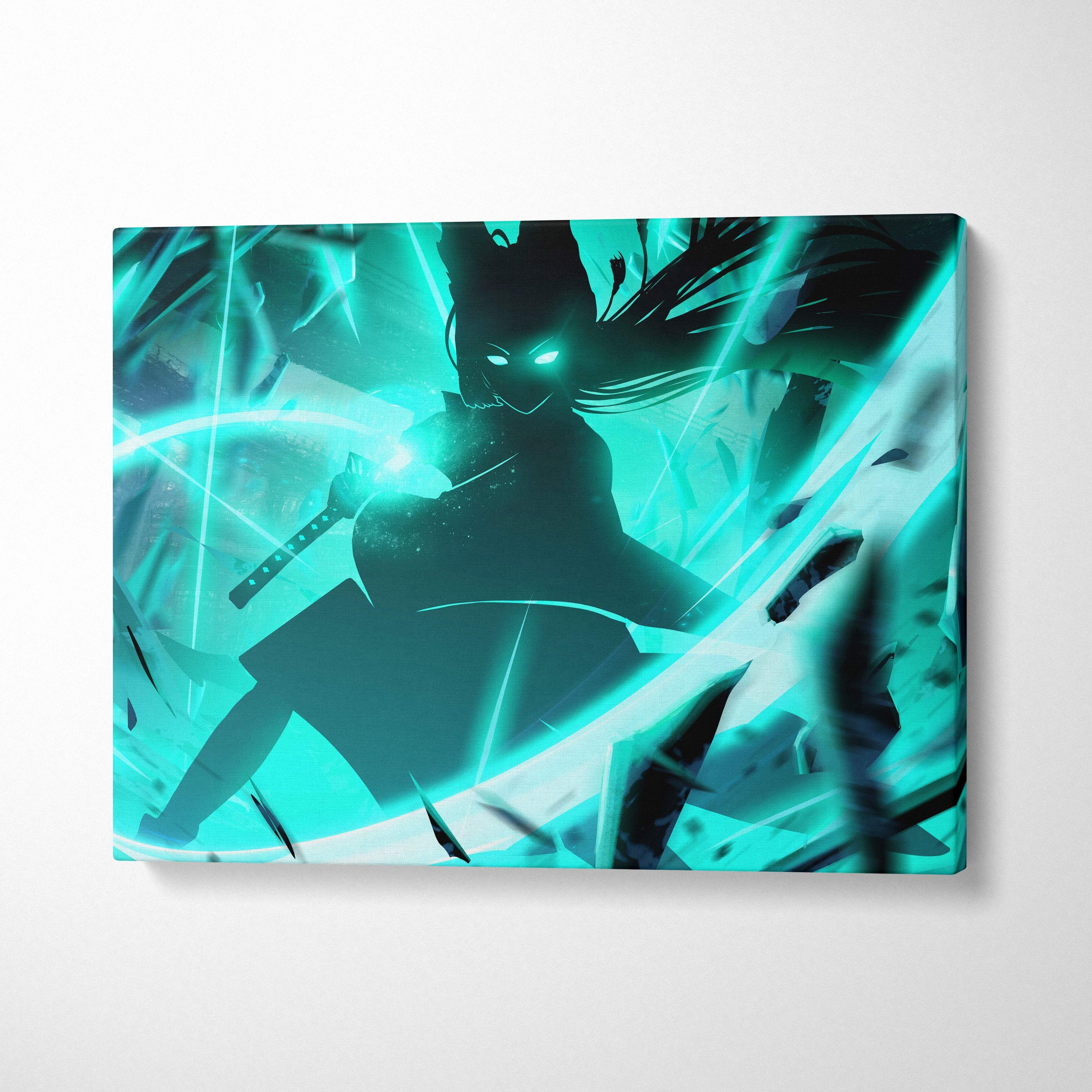 Teal and black anime-style canvas art featuring a neon shadow samurai with glowing cyan eyes and dynamic sword motion